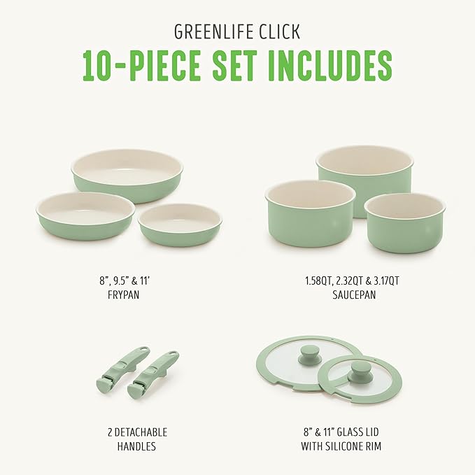 GreenLife 10 Piece Nonstick Pots & Pans Set, Detachable Handle & Stackable Cookware Set, Non Toxic PFAS-Free Skillets, Induction Kitchen Pans, Space Saving, Serving Bowls, Oven Safe, Sage Green