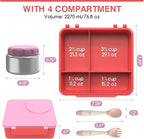 Bento Box for Kids - Leak-Proof Lunch Box with Insulated Thermos Food Jar - 4 Compartments, 1 Removable Divider, 1Spoon, 1 Fork - Dishwasher Safe, BPA-Free (Pink)
