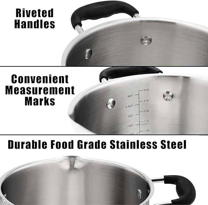 Rorence Stainless Steel Stock Pot with Pour Spout & Silicone Handles & Glass Lid with Strainer - 3.7 Quart