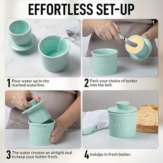 Zulay Kitchen Porcelain Butter Crock With Lid & Knife - Authentic French Butter Dish For Fresh & Spreadable Butter - Mint