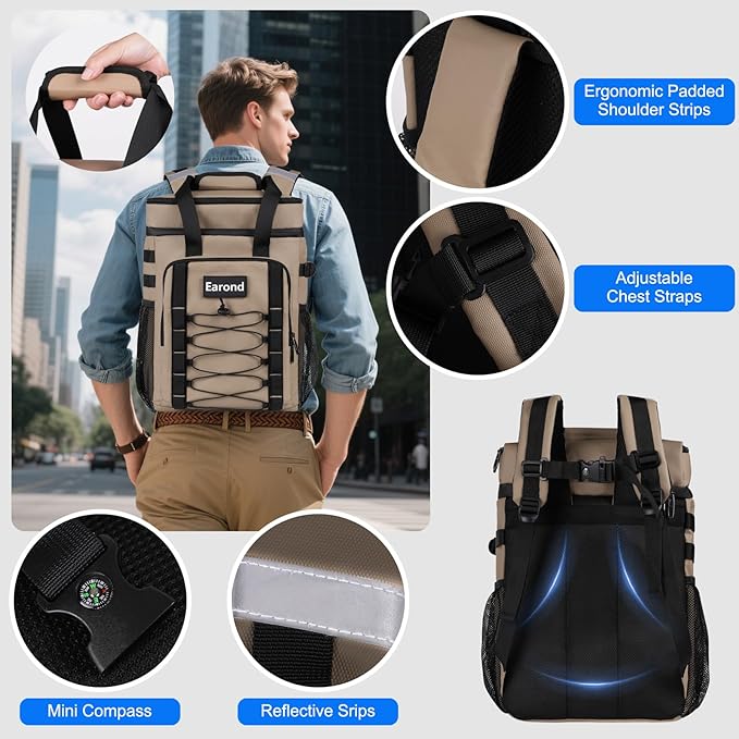 25L Insulated Cooler Backpack with Waterproof Zipper & Multi-Compartment Design Leakproof Lunch Bag for Beach, Camping, Office - Spacious Thermal Light-Weight Backpack for Men and Women-Khaki