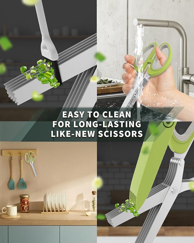 Herb Scissors,Heavy Duty Kitchen Shears for Food,Upgraded Serrated Tip for Garlic Crushing,Salad Chopper Utility Scissors,Herb Cutter with 5 Blades and Cover for Cutting Basil (Green)