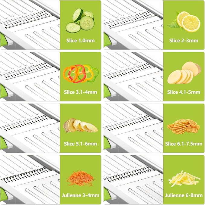 Mandoline Slicer for Kitchen, Adjustable Stainless Steel Mandoline Food Slicer, Onion Potato Cucumber Tomato Carrot Vegetable Fruit Slicer, Mandolin Veggie Cutter with Food Holder, Green