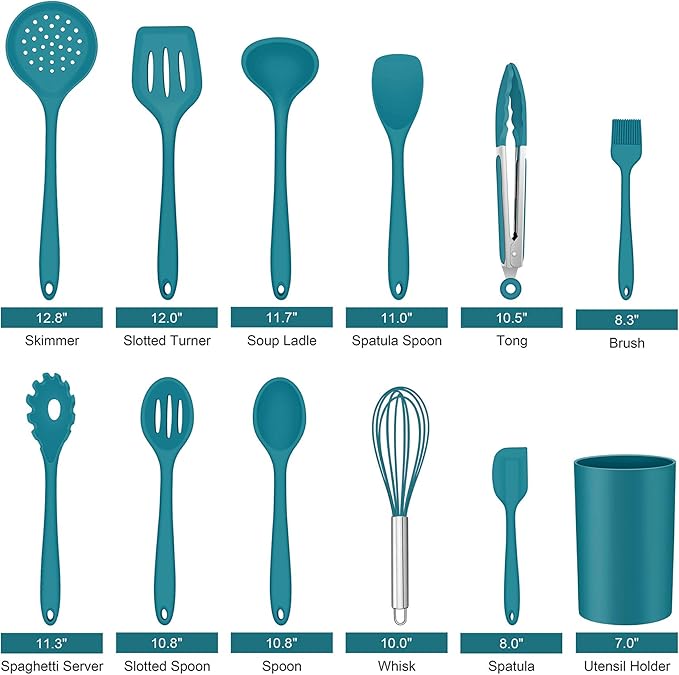 LIANYU 12-Piece Silicone Kitchen Cooking Utensils Set with Holder, Kitchen Tools Include Slotted Spatula Spoon Turner Ladle Tong Whisk, Dishwasher Safe, Dark Blue