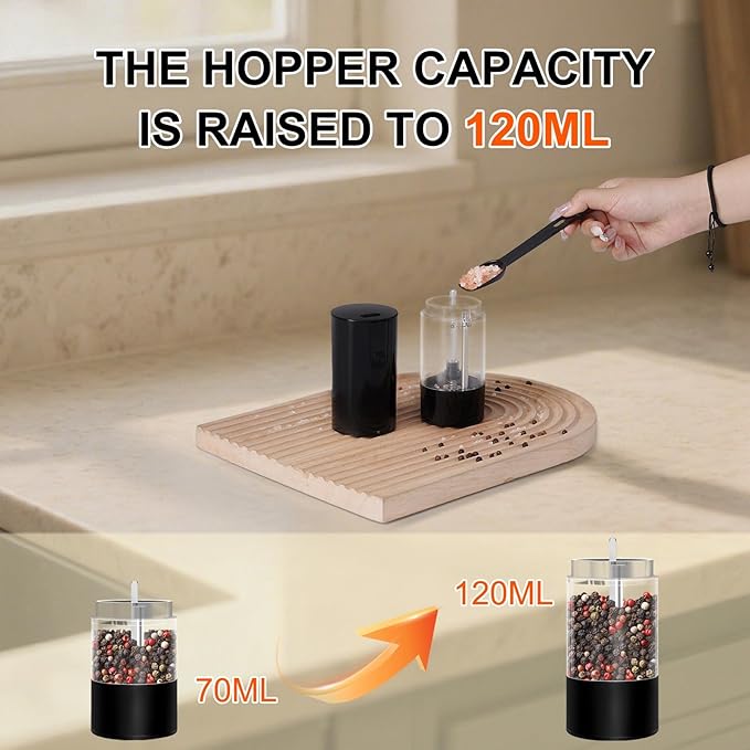 Fresh World 2Pack Electric Salt and Pepper Grinder Set Rechargeable with LED Light, Adjustable Coarseness Large Capacity Automatic Salt Pepper Mill Grinder for Kitchen, Restaurant, Outdoor, Black