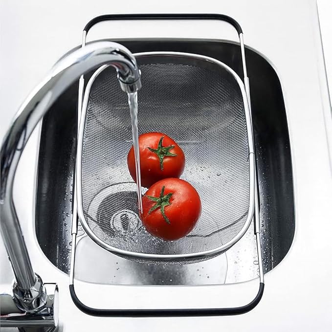 3 PackPremium Quality Over The Sink Stainless Steel Oval Colander with Fine Mesh 6 Quart Strainer Basket & Expandable Rubber Grip Handles - Strain, Drain, Rinse Fruits, Vegetables