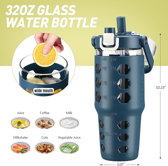 MUKOKO 32 oz Glass Tumbler with Straw,Glass Water Bottles with Time Marker,Iced Coffee Cup with Silicone Sleeve,Motivational Drinking Bottles,Leakproof-Blue