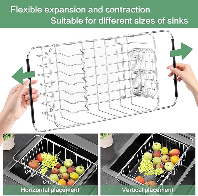Dish Drainer Rack in Sink Adjustable, Expandable 304 Stainless Steel Metal Dish Drying Rack Organizer with Stainless Steel Utensil Holder Over Inside Sink Counter, Rustproof