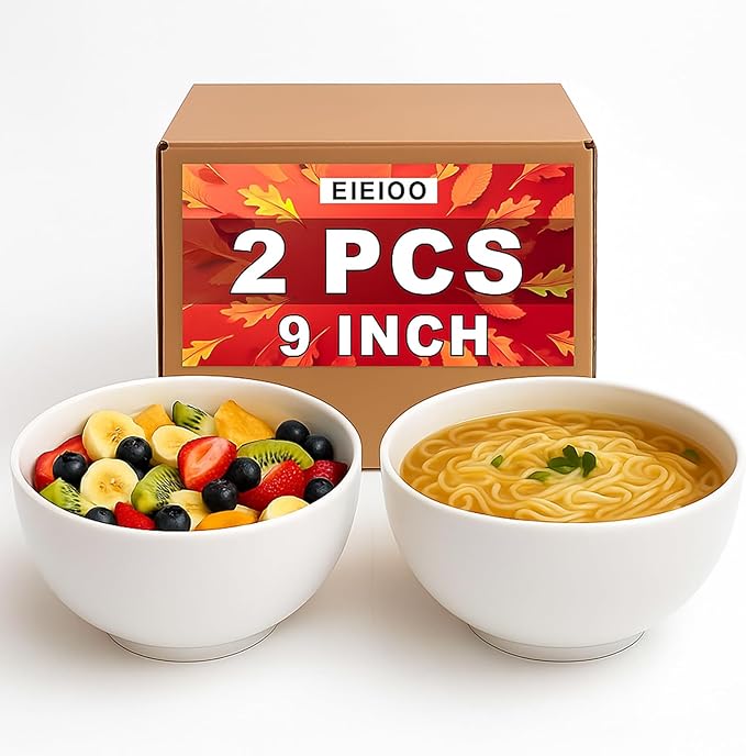 Serving Bowls, Large Salad Bowls, 9 Inch White Serving Bowl for Salad, Soup, Side Dishes, Pasta, Large Ceramic Bowl Set for Entertaining, Dinner Parties, Set of 2 (9 inch, set of 2)