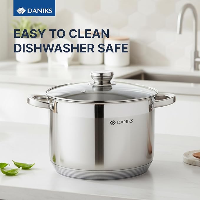 Daniks Standard Stainless Steel Stock Pot with Glass Lid – Induction 10 Quart, Dishwasher Safe, Measuring Scale, For Soup, Pasta, Stew, Silver