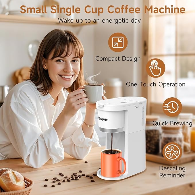 Small Single Serve Coffee Maker, Fast Brew One Cup Coffee Machine for K Cup and Grounds, 6 to 12 oz. Brew Sizes, Capsule Coffee Machine with Descaling Reminder and Viewing Tank, White
