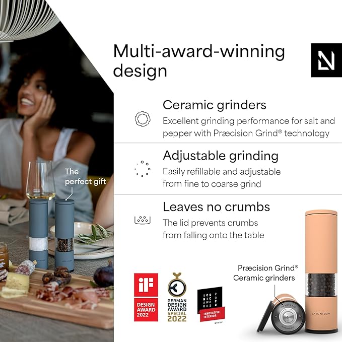 LARS NYSØM Salt and Pepper Grinder Set 2 pieces I Salt Pepper Mill with Adjustable Ceramic Grinder I Design Spice Grinder Set Manual (Creamy Peach)