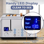 CUSIMAX 4 Slice Toaster, Ultra-Clear LED Display & Extra Wide Slots, Dual Control Panels of 6 Shade Settings, Cancel/Bagel/Defrost Function, Removable Crumb Trays, Stainless Steel Toaster