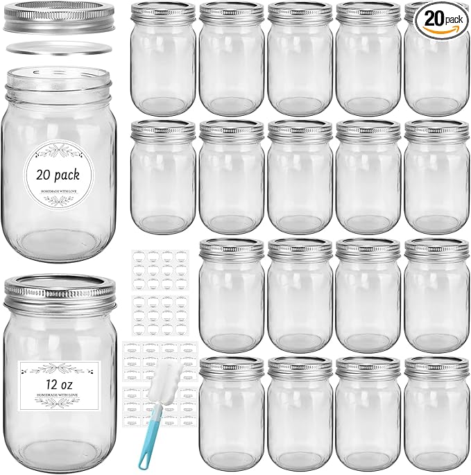 12 oz Glass Mason Jars, 20 Pack Regular Mouth Glass Canning Jars with Silver Aluminum Lids and Bands, Airtight Jam Jars for Food Storage, Pickling, Fermenting, Honey, Jelly, DIY Candles Decor