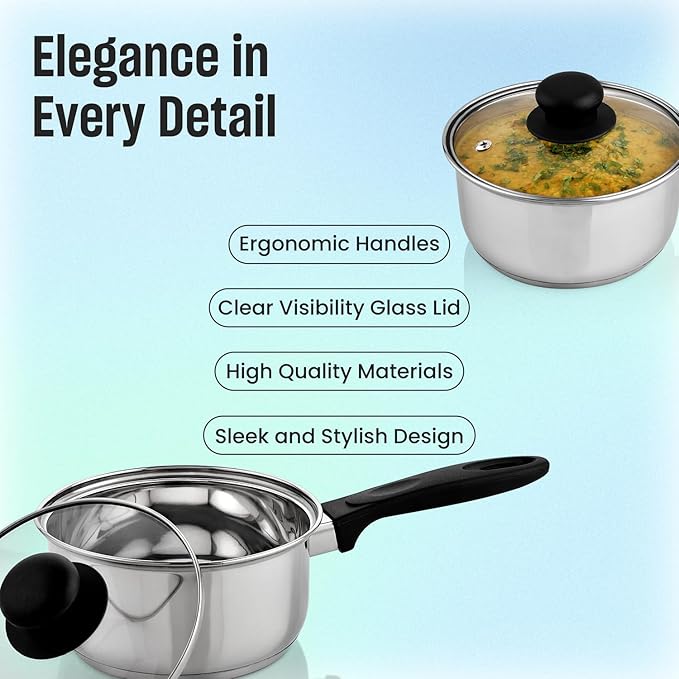 MARBELLA 1 Quart Stainless Steel Saucepan with Glass Lid & Bakelite Handle – Food Grade, Nickel Free, Heavy Duty Multipurpose Pot for Gas & Dishwasher Safe (Silver)