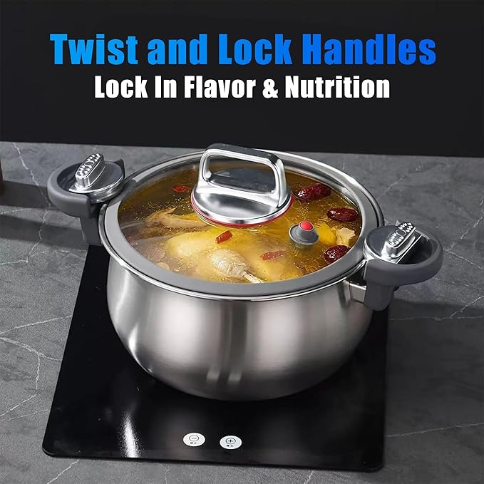 WELLOXY 7.5Qt Tri-Ply Stainless Steel Stock Pot with Tight-Fittng Lid & Twist and Lock Handles for Energy-Saving Cooking, Large Stew Pots for Soup, Gumbo, Pasta, Dutch Oven Style Cookware on Induction