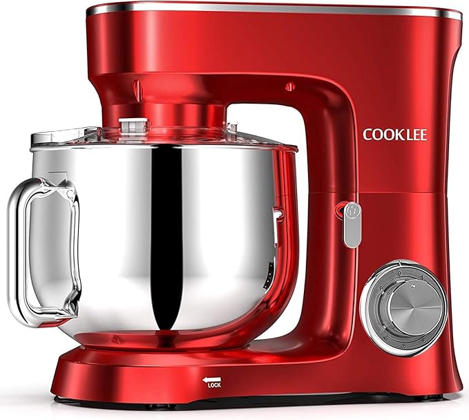 COOKLEE Stand Mixer, 9.5 Qt. 660W 10-Speed Electric Kitchen Mixer with Dishwasher-Safe Dough Hooks, Flat Beaters, Wire Whip & Pouring Shield Attachments for Most Home Cooks, Ruby Red