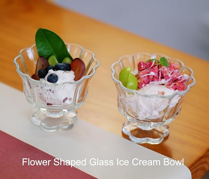 Ice Cream Bowls Drinking Glass Cups Set of 2 (Transparent), Flower Petal Style Glasses, 8.5oz, Suitable for Ice cream, Cocktails, Dessert & More.