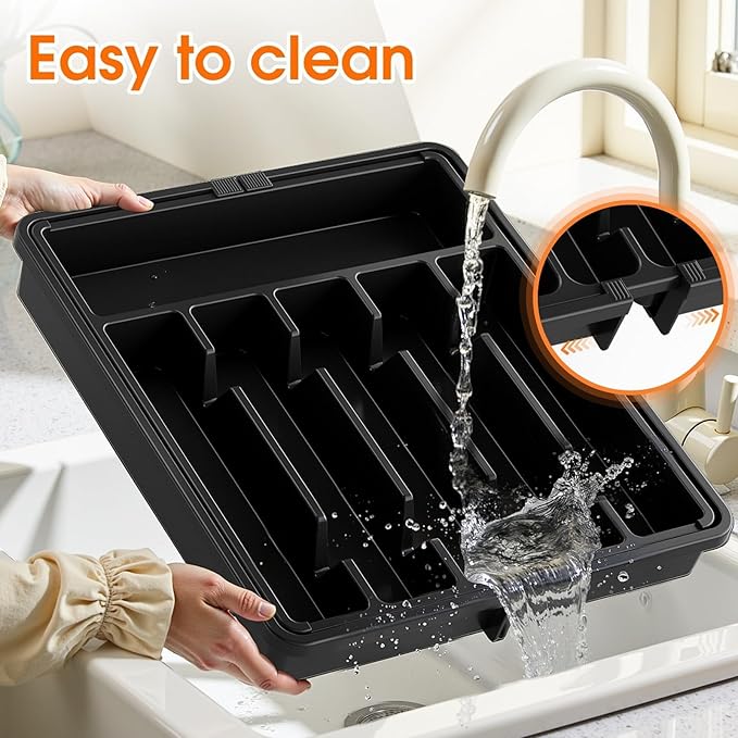 Silverware Organizer，Adjustable & Expandable Utensil Drawer Organizer, BPA Free Utensil Holder, Cutlery Tray for Forks, Spoons, Knives in Kitchen, Large, Black