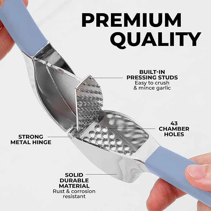 Zulay Kitchen Comfort Grip Garlic Press - Garlic Mincer Tool - Garlic Crusher - Garlic Press Mincer Rust Proof, with Soft Ergonomic Handle, Easy Clean Set with Peeler and Brush - Baby Blue