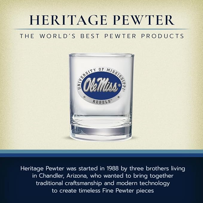 Heritage Pewter Mississippi Double Old Fashion Ole Miss | Double Rocks Glass 14 OZ for Liquor | Expertly Crafted Pewter Glass