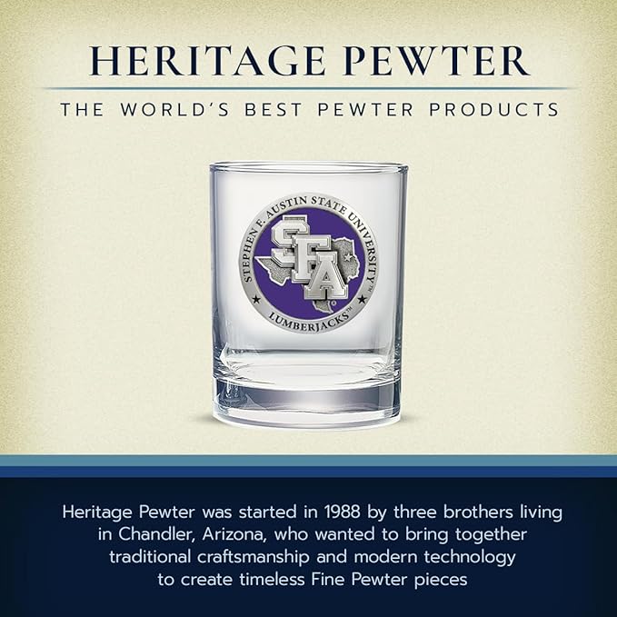 Heritage Pewter Stephen F. Austin University Double Old Fashion | Double Rocks Glass 14 OZ for Liquor | Expertly Crafted Pewter Glass