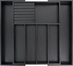 VaeFae Premium Bamboo Silverware Drawer Organizer Kitchen, Expandable Utensil Organizer with Knife Block, Cultery Tray with Divider for Flatware (Black)