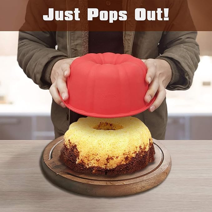 SILIVO 8 inch Silicone Bundt Cake Pans (2 Pack) - 6 Cup Nonstick Silicone Bundt Pans for Jello, Monkey Bread and Bundt Cake