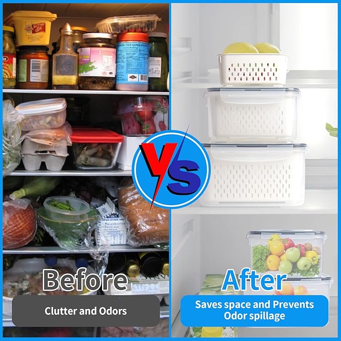 4 Pack Fruit Storage Containers for Fridge with Removable Colanders, Produce Storage Containers for Fridge, Airtight Food Storage Containers for Berry Fruit Vegetable Meat Keeper Fresh (no handle)