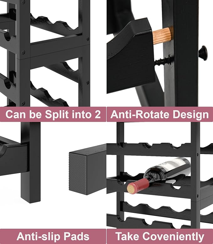 6 Tier Wine Rack Freestanding Floor, 24 Bottles Wine Storage Shelves with Table Top, Stackable Wine Display Rack for Kitchen, Bar, Dining Room, Natural Bamboo Finish