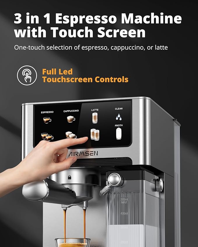 AIRMSEN 20 Bar Espresso Machine with Automatic Milk Frother for Home, Cappuccino & Latte Coffee Maker with Quick Brew Dual Boiler (1350W + 1000W), Stainless Steel, 60oz Water Tank, Touchscreen