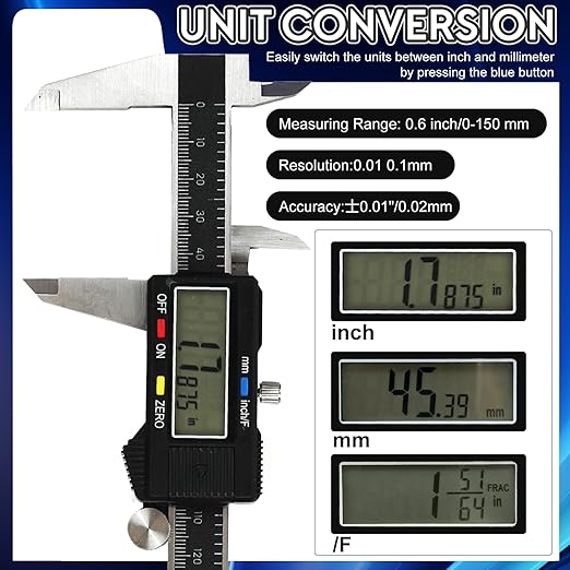 Digital Caliper Measuring Tool,with Large LCD Screen, Easy Switch Inch/MM/Fraction,6inch/150mm Stainlee Steel Caliper and 8inch/200mm Stainlee Steel Ruler for DIY/Household