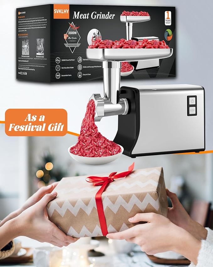 Meat Grinder: [3500W Advanced Motor] [Ultra-Intelligent Thermal Protection] Upgraded Electric Meat Grinder with 6 PCS Stainless Steel Blades&Grinding Plates, Sausage Stuffer Tubes&Kubbe (Black N8)