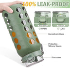 MUKOKO 64oz Glass Water Bottles with Straw and Lid,Half Gallon Water Bottle with Time Marker,Large Glass Water Jug with Silicone Sleeve and Stainless Steel Handle-Olive