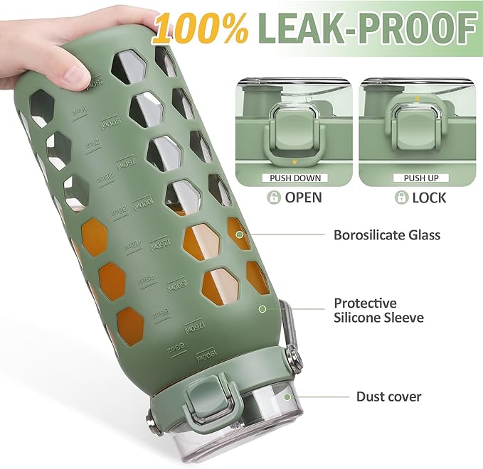 MUKOKO 64oz Glass Water Bottles with Straw and Lid,Half Gallon Water Bottle with Time Marker,Large Glass Water Jug with Silicone Sleeve and Stainless Steel Handle-Olive