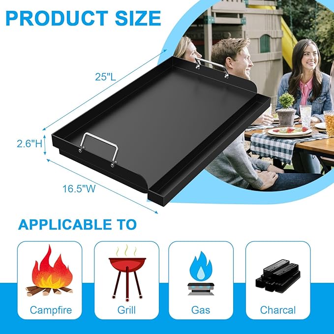 25" x 16.5" Nonstick Carbon Steel Griddle for Gas/Electric/Charcoal Grills, Universal Flat Top Griddle for Weber Charbroil Camp Chef, Griddle Plate with Grease Groove for Parties, Camping, Tailgating
