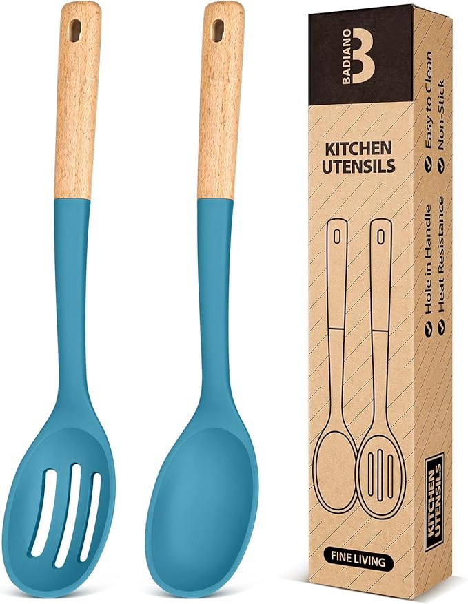 Silicone Cooking Spoons, Great for Scooping Sides and Serving Hearty Stews, BPA-Free Matte Silicone, Wooden Handle Serving Spoon for Nonstick Cooking Surfaces (Blue)