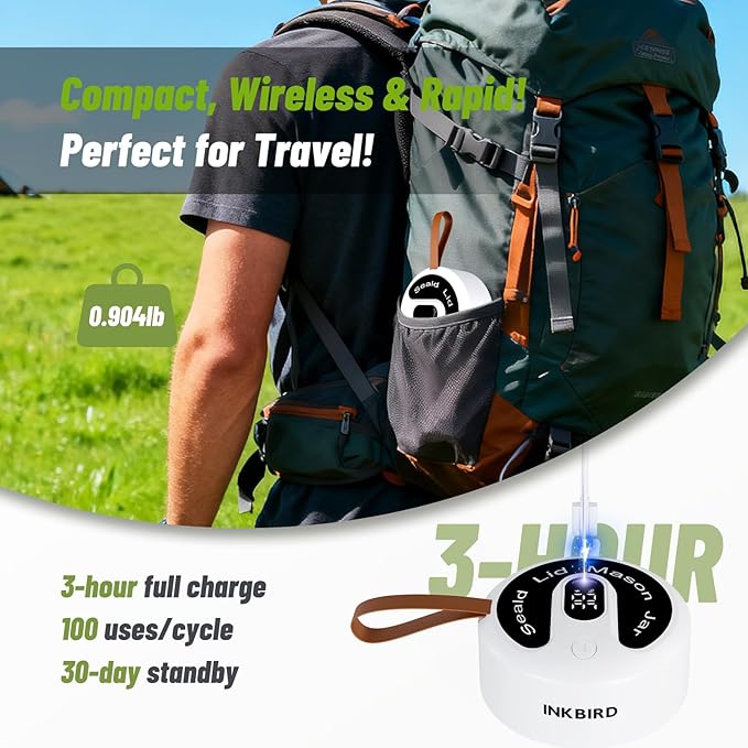 INKBIRD 3-in-1 Electric Jar Vacuum Sealer Kit for Wide/Regular Mouth Mason Jars & Bags, Wireless Portable & Automatic Mini Vacuum Sealer with Reusable Jar Lids*4 for Canning Jar, 100 Cycles, Gift