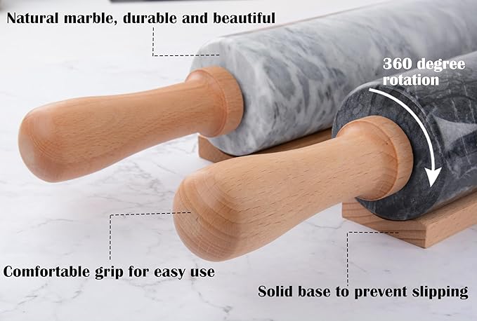 Marble Rolling Pin Set with Silicone Pastry Mat,Pastry Brush,Cooking Tongs,Stainless Steel Scraper18.5 inch Polished Non-Stick Roller for Pizza Dough,Fondant,Pie Crust(Gray Black)
