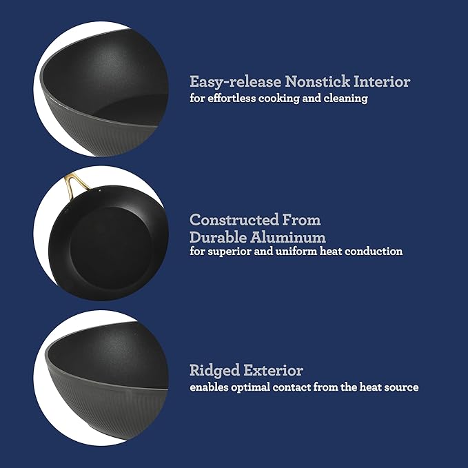 Oster Platinum Abbottsford 11-Inch Matte Black Ceramic Nonstick Wok with Gold Stainless Steel Handle — Flat Bottom, Oven & Induction Safe