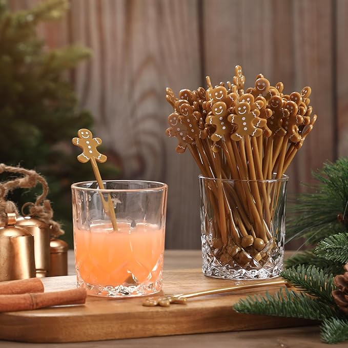 Chengu 100 Pcs Christmas Drink Stirrers Xmas Stir Sticks Bulk Holiday Coffee Stirrers Plastic Swizzle Stick Hot Cocoa Bar Supplies Chocolate Decoration Reusable Cocktail Mixer(Gingerbread Man)