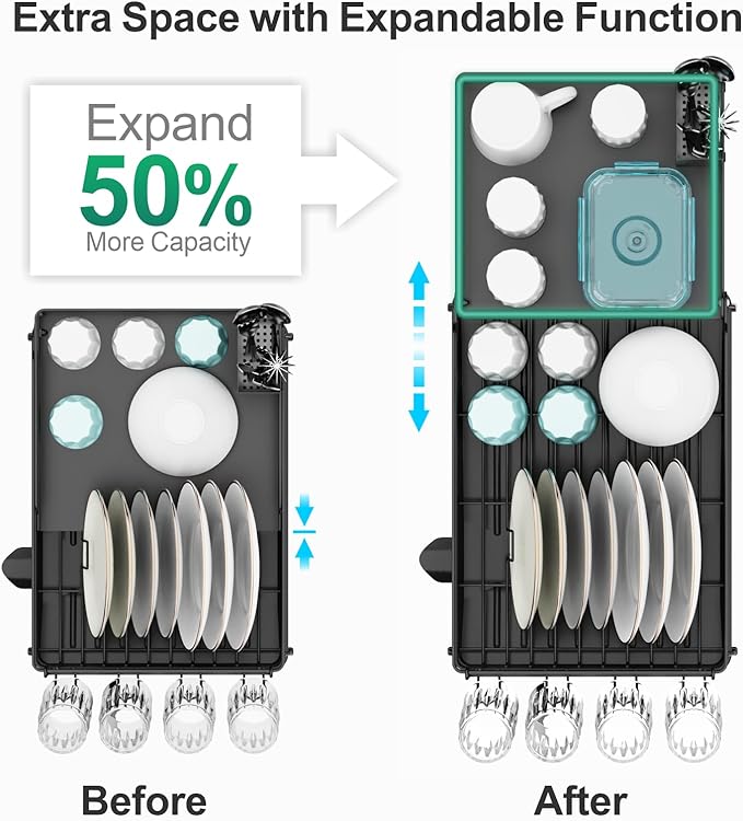 GSlife Large Expandable Dish Drying Rack - Dish Rack for Kitchen Counter with Metal Extension, Large Capacity(16.5" ~ 24.4" L) Dish Drainer with Pan Slots, Cup Holders, Black