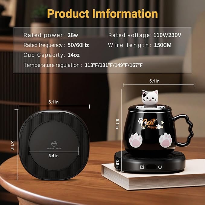 Coffee Mug Warmer & Cute Cat Mug Set, Beverage Cup Warmer for Desk Home Office with 4 Temperature Setting Up to 167℉/ 75℃, Coffee Warmer for Cocoa Milk Tea Water Candle, 8 Hours Auto Shut Off (Black)