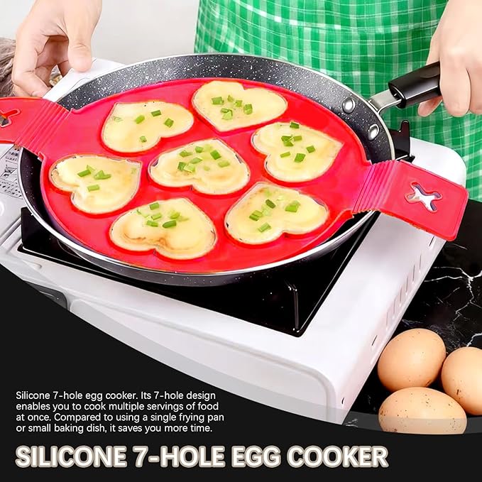 7-Cavity Pancake Maker Mold,Nonstick Silicone Egg Mold Ring with Handle for Star Heart Shape Pancake, Fried Egg, Burger - Reusable Breakfast Cooking Baking Tools for Kids（Red）