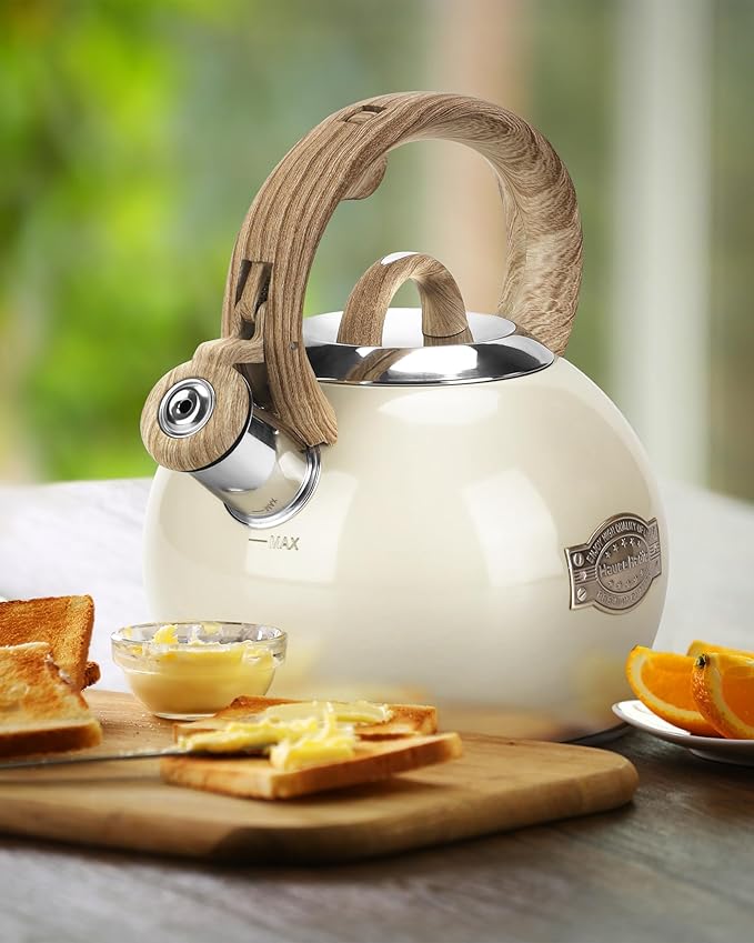 Teapot for Stovetop, 2.1 Quart Stove Top Whistling Tea Kettle, Teapot Kettles with Food Grade Stainless Steel and Wood Pattern Folding Handle, Suitable for All Heat Sources