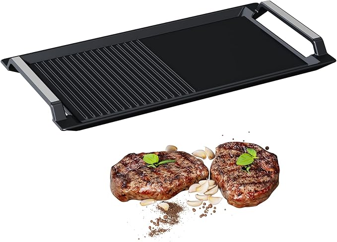COVERCOOK Griddle Pan, Cast Iron Grill Hot Plate, Rectangular Grill, 2 handles with Flat and Ridged Surface for Induction Electric Cooktop，16.7 x 9.1inch