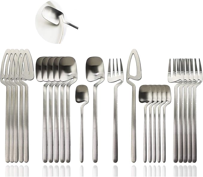 JASHII Silverware Set Satin Finish 24-Piece Stainless Steel Flatware Set Kitchen Utensil Set Service for 6 Tableware Cutlery Set Dishwasher Safe (Matte Silver)