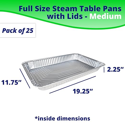 IDL Packaging Full Size Aluminum Steam Table Pans with Lids - Medium, 21" x 13" x 2.25" (pack of 25) - Disposable Foil Pan for Grilling, Roasting, BBQ, Cooking, Baking, Freezing