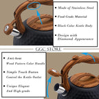 GGC Tea Kettle for Stove Top, Loud Whistling Kettle for Boiling Water Coffee or Milk, 3.1 Quart 3L Heavy Stainless Steel Black Kettle with Wood Pattern Handle, Unique Button Control Kettle Outlet