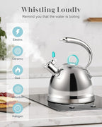 Harriet Tea Kettle Stovetop, 2.5 Quart Whistling Stainless Steel Tea Pot, 3-Layer Base, Unique Ergonomic Handle, Includes Pot Holder & Mat, Electric/Induction/Gas Stovetops Applicable, Mirror Finish
